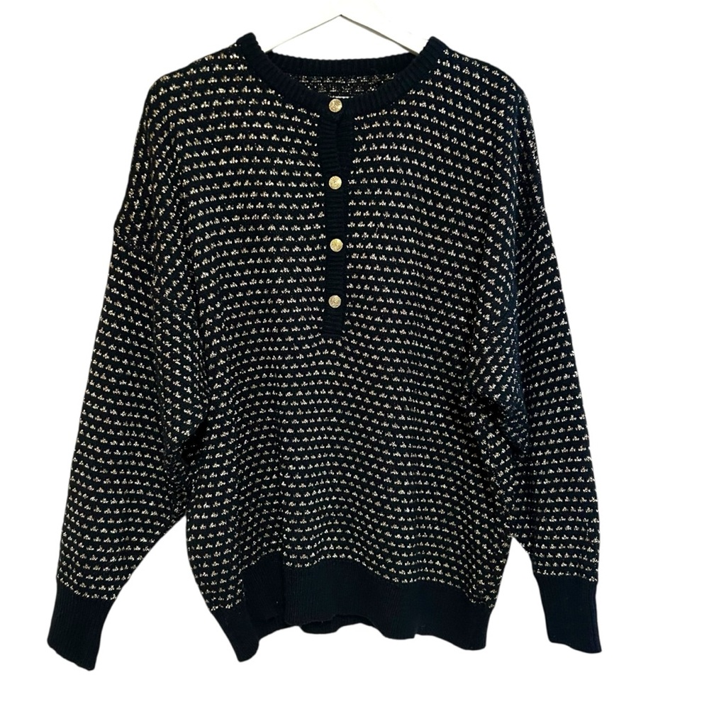 Vintage sweater L-XL black with gold knit crewneck 1/4 button down 80s